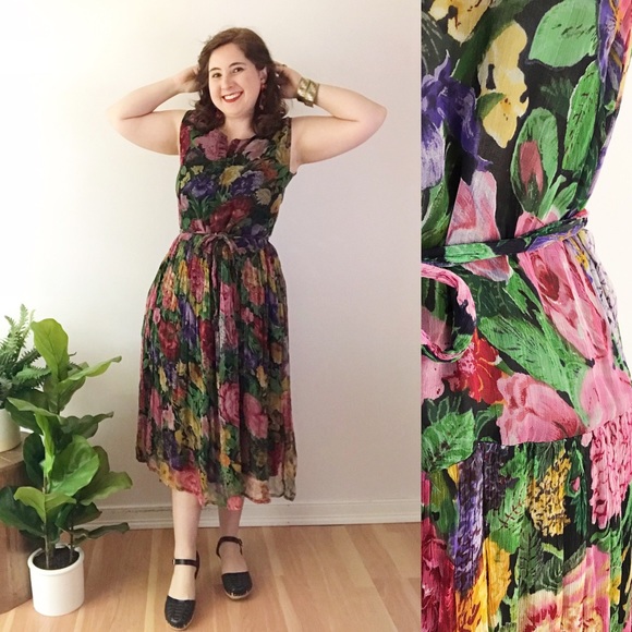 Vintage Dresses & Skirts - Vintage Rayon Floral Midi Dress Swishy India Black